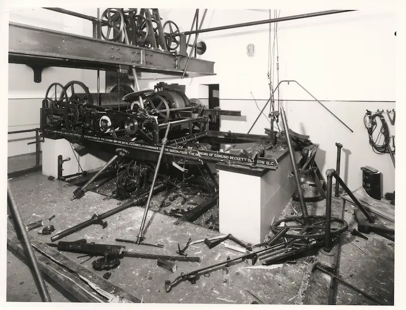 Damage to the clock mechanism, caused by fly fan failure, 1976. Credit: Parliamentary Archives.